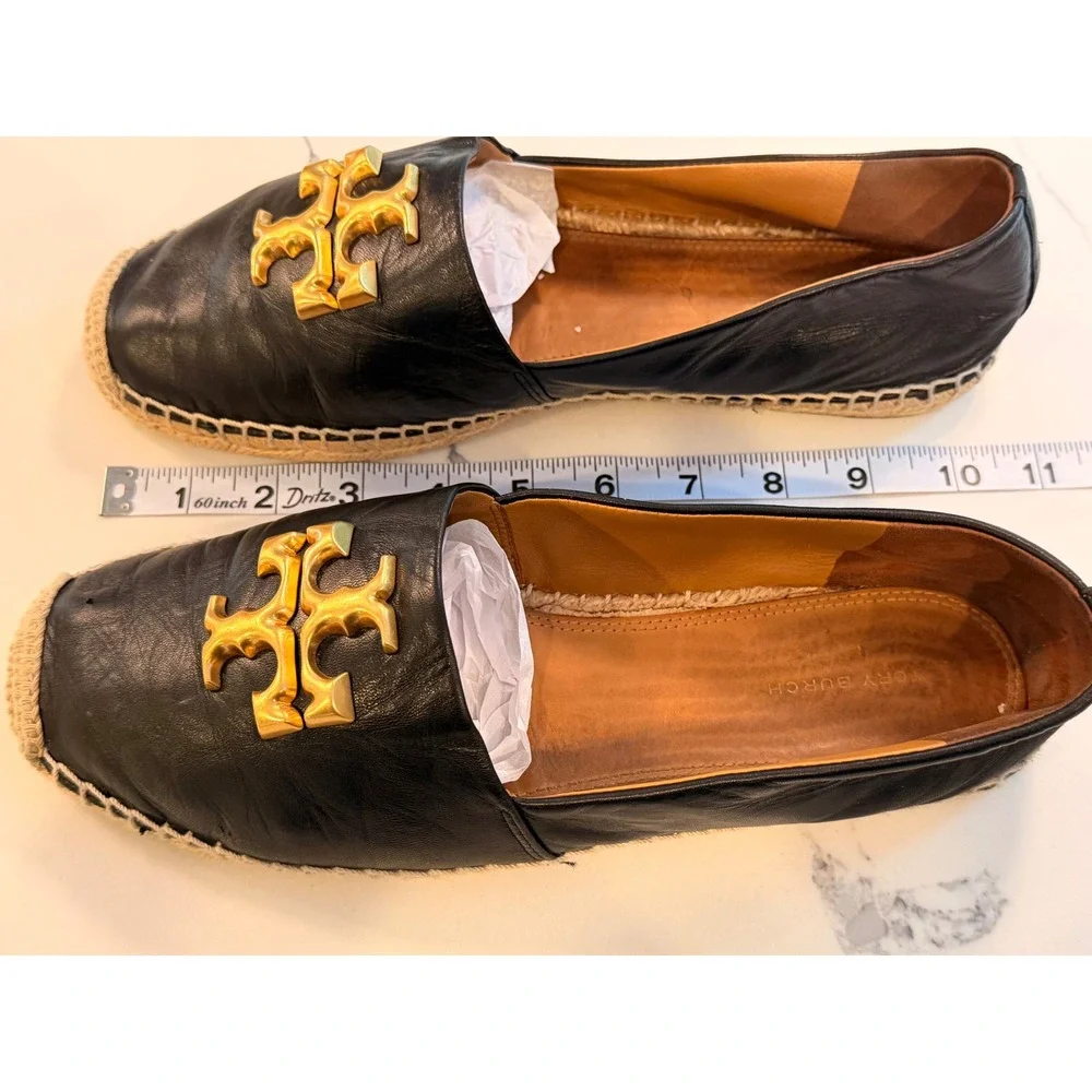 Tory Burch Elanor Black Leather Espadrille Flats Gold Logo Size 9.5